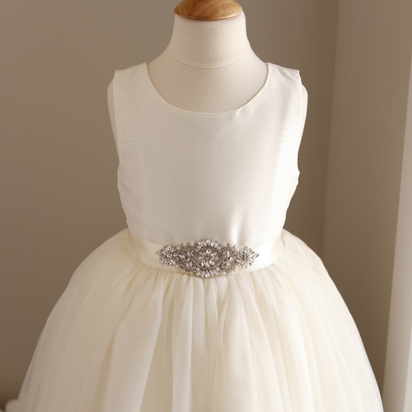 Ivory Flower Girl Dress Silk Blend Tulle Rhinestone Satin Ribbon Sash NWT - Picture 2 of 7